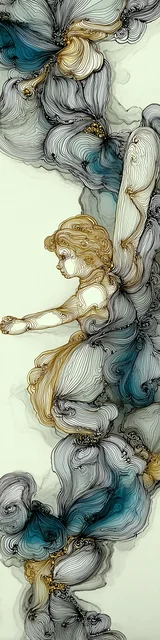 Free abstract angel art bookmark featuring a gold outline abstract angel